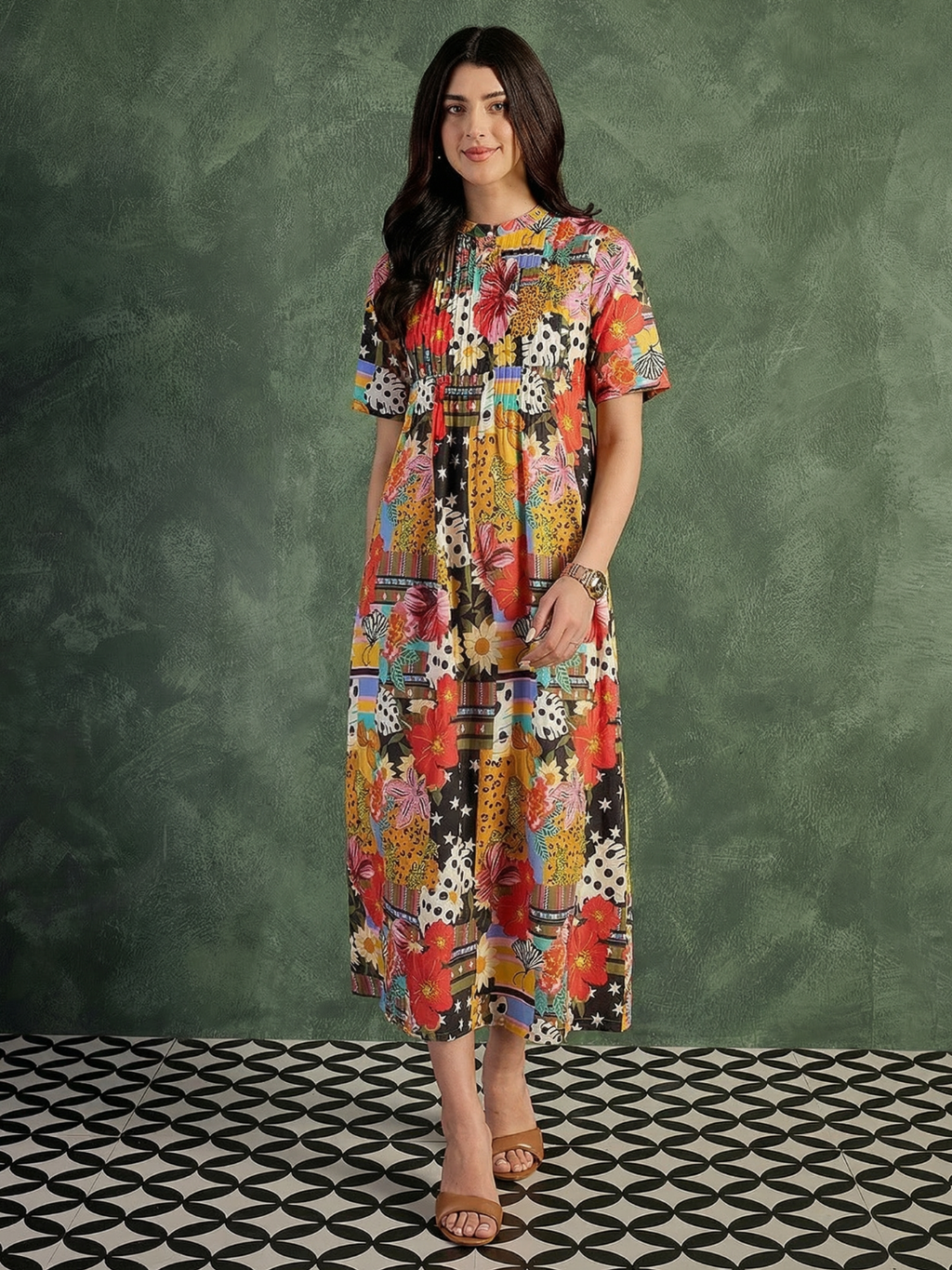 Pure Cotton Front Pleated A-Line Dress (with Lining)