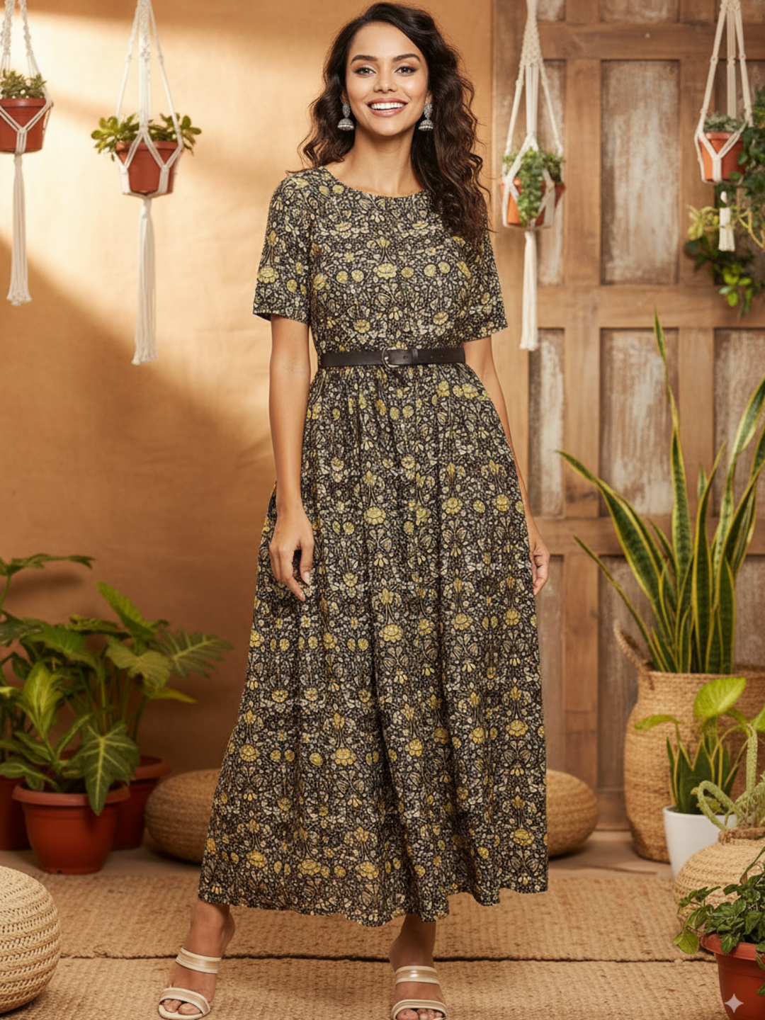 Printed Maxi Dress with Belt