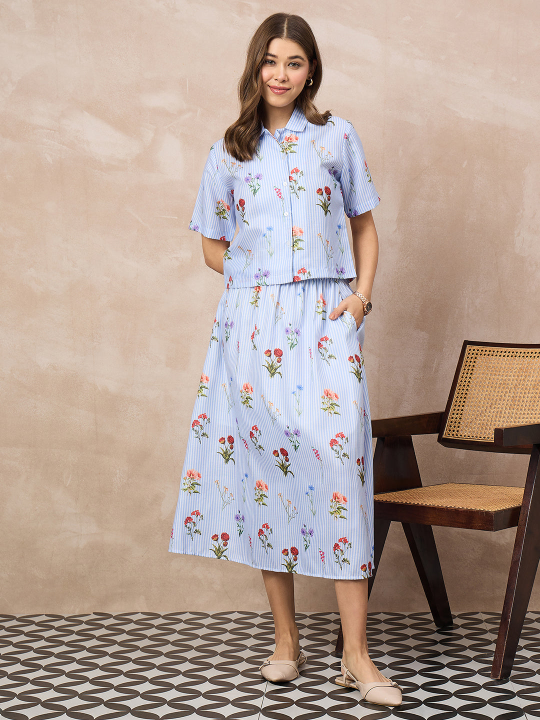 Pure Linen Printed Shirt With Skirt Set (with Lining)