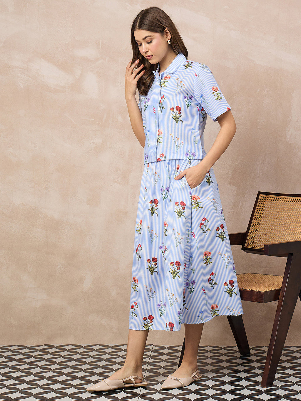 Pure Linen Printed Shirt With Skirt Set (with Lining)