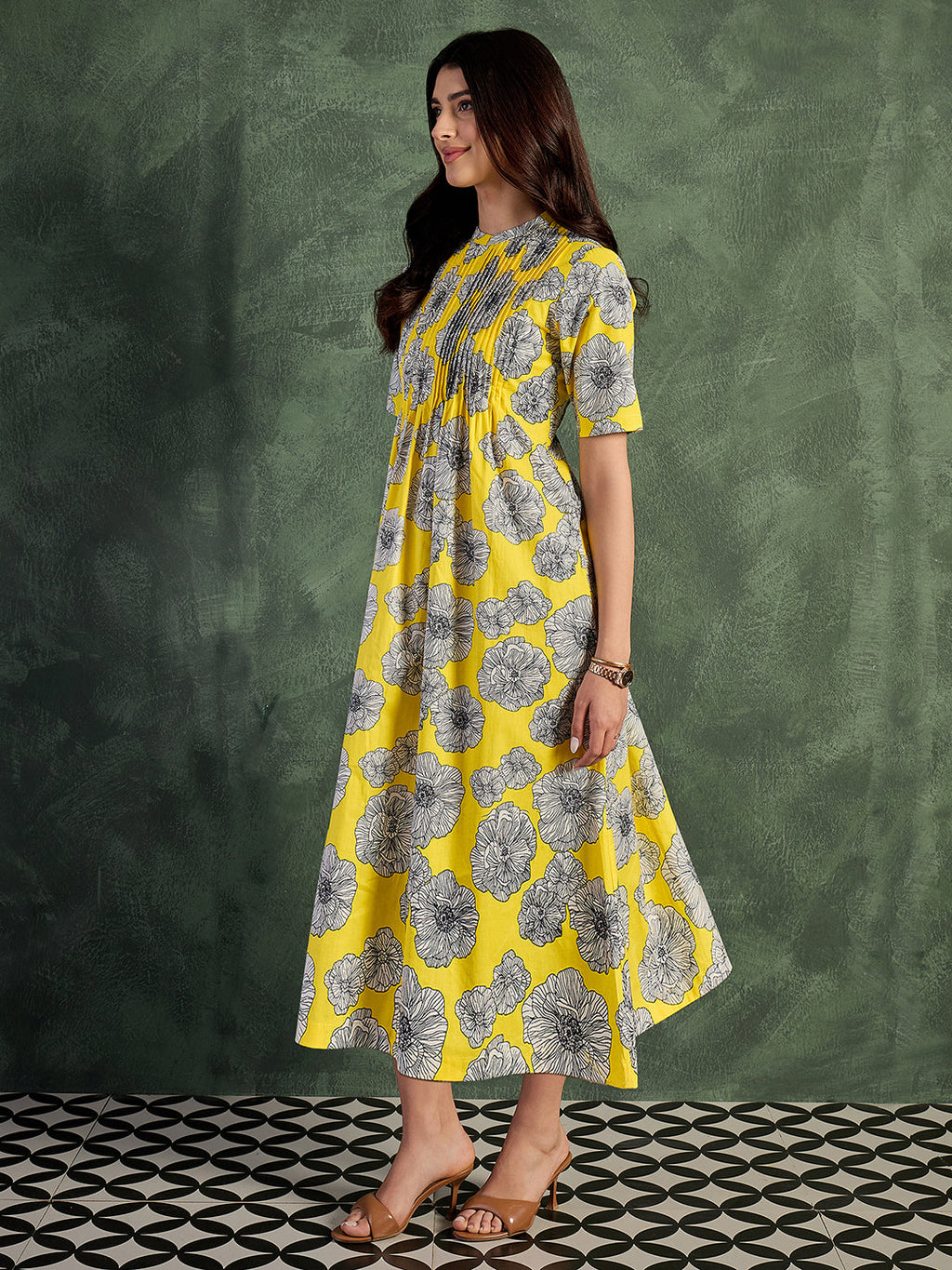 Pure Cotton Front Pleated A-Line Dress (with Lining)