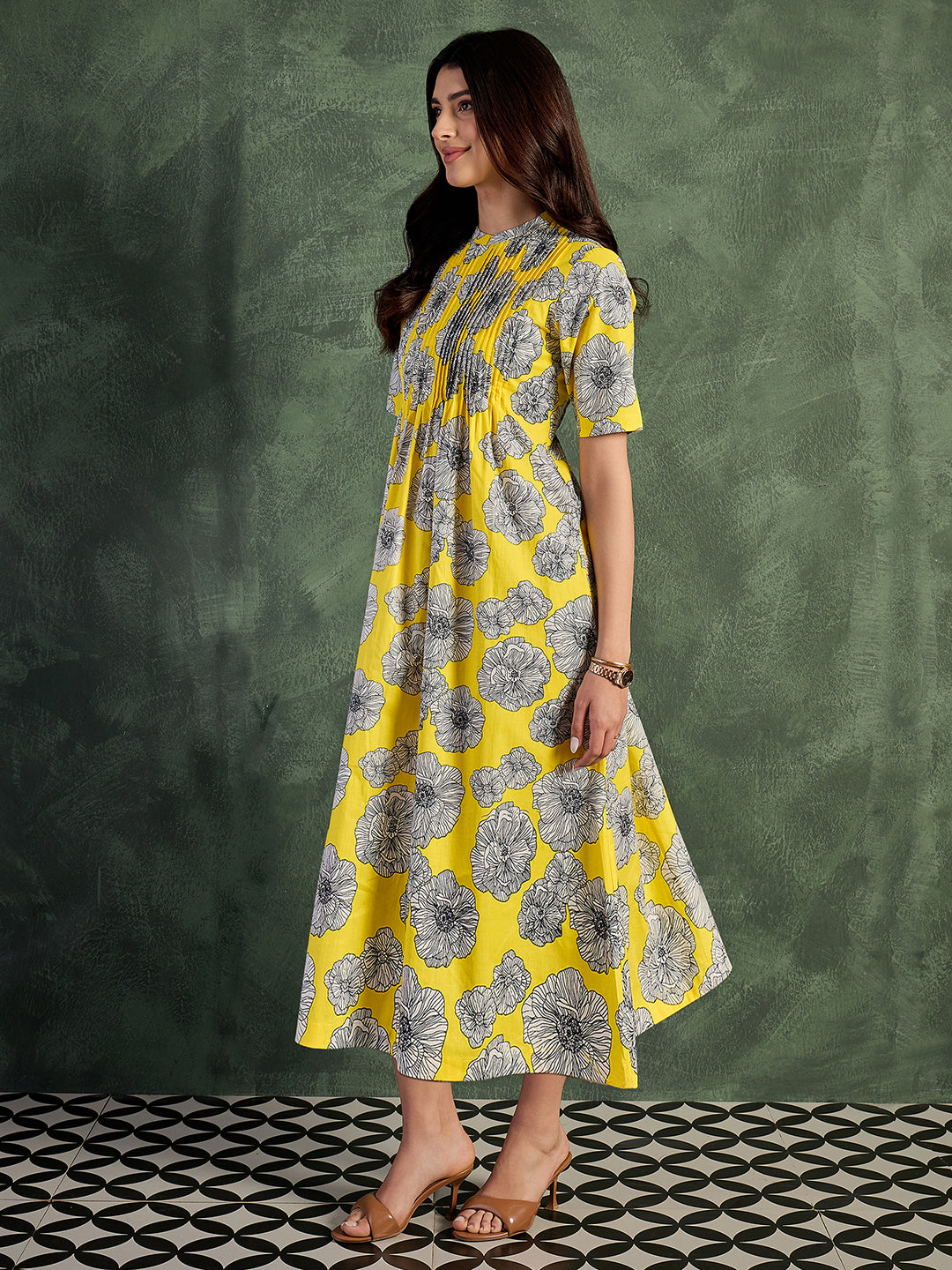Pure Cotton Front Pleated A-Line Dress (with Lining)