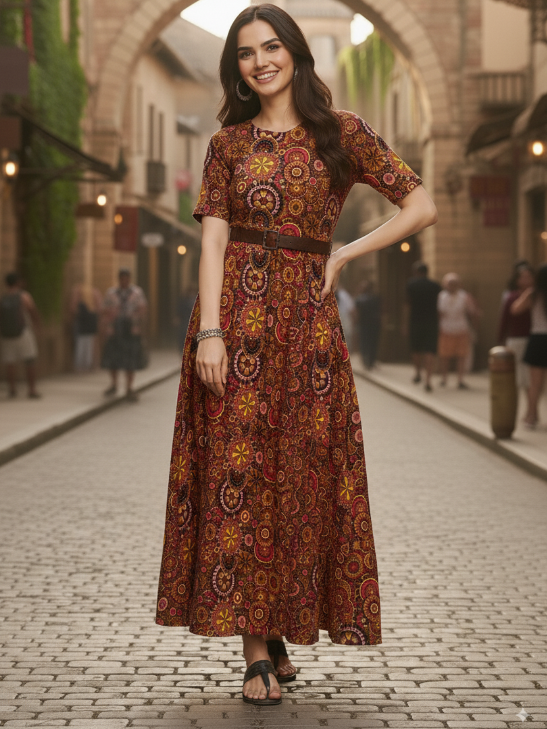 Printed Maxi Dress with Belt