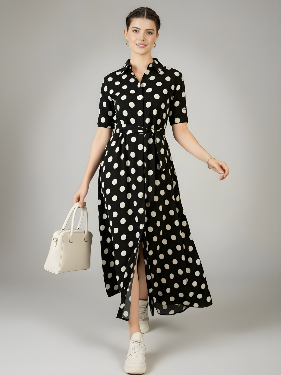Cotton Buttoned Down Shirt Dress With Belt