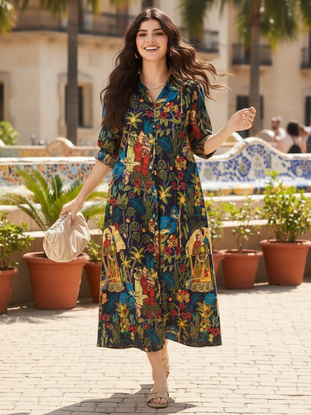Front Pleated Cotton Midi Dress