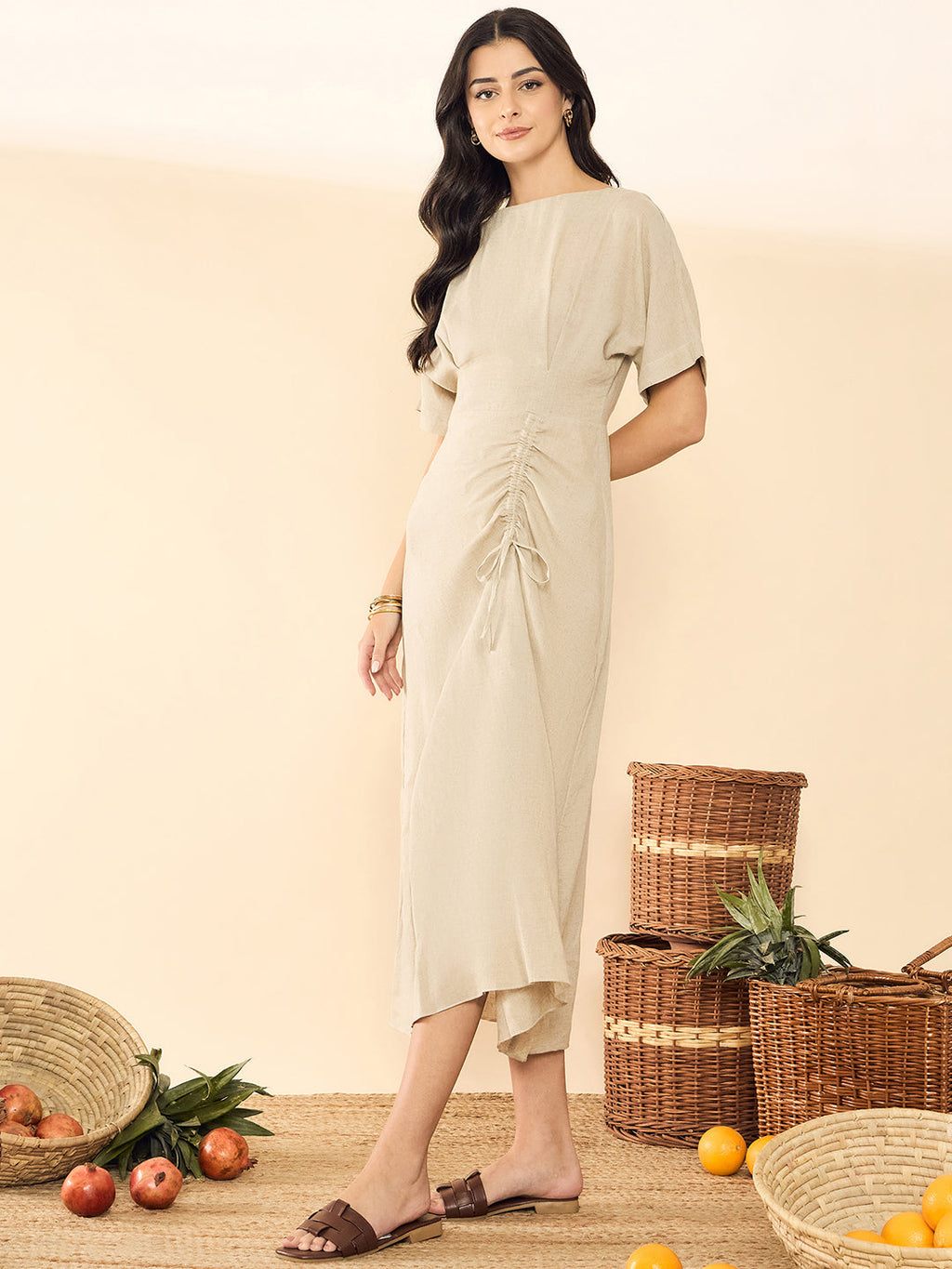 Linen Drawstring Midi Dress (with Lining)