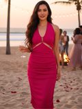 Stretchable Halter Neck Hardware Dress