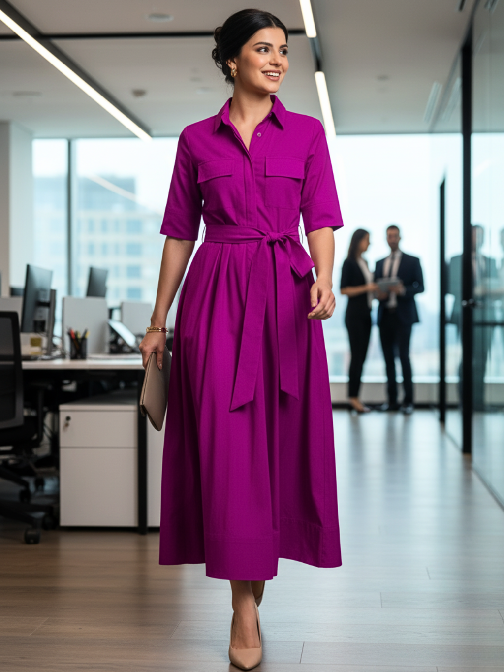 Pure Cotton Flared Shirt Dress With Belt