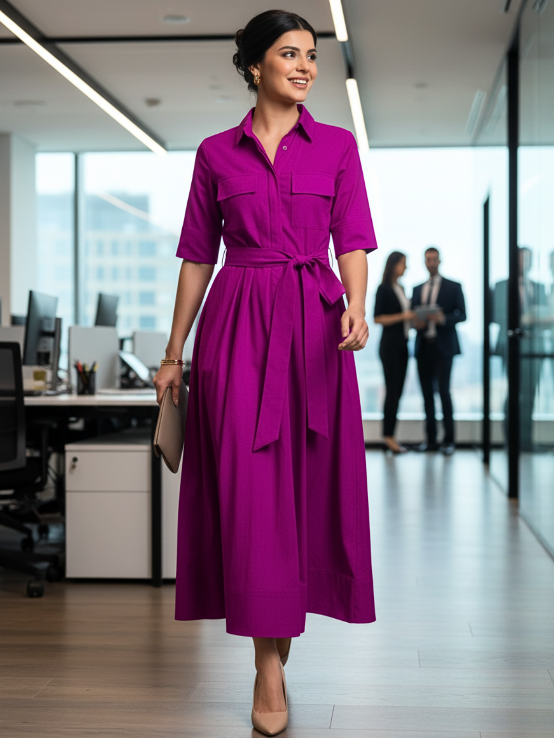 Pure Cotton Flared Shirt Dress With Belt