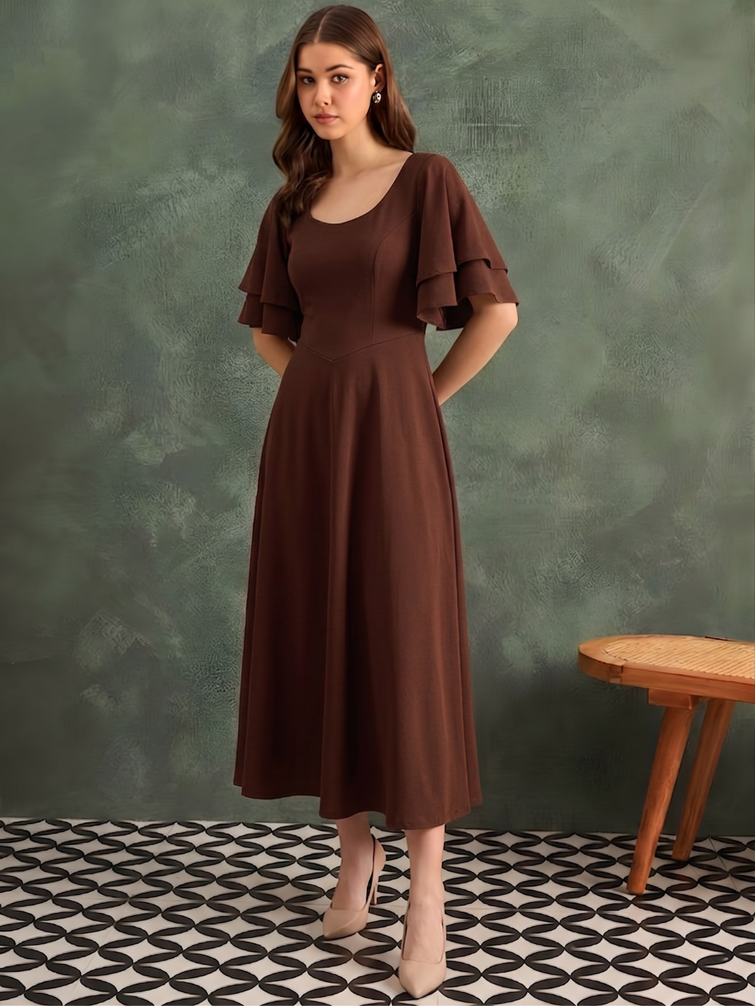 Stretchable Ruffled Sleeve Fit & Flare Dress