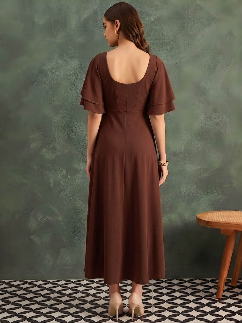 Stretchable Ruffled Sleeve Fit & Flare Dress