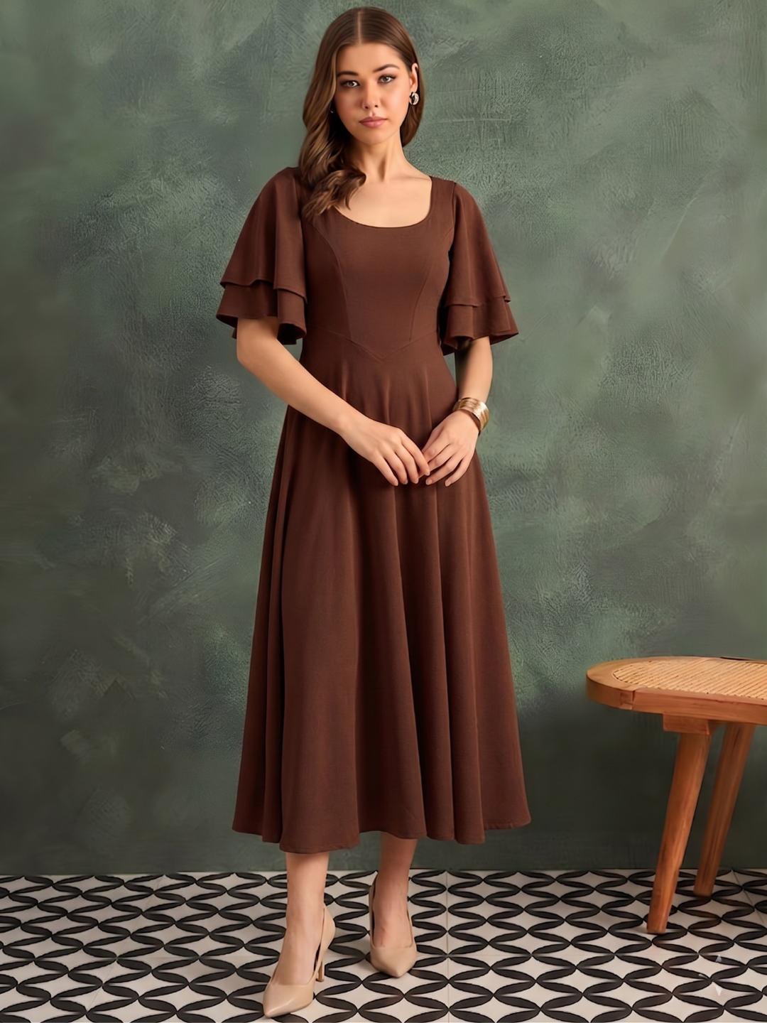 Stretchable Ruffled Sleeve Fit & Flare Dress