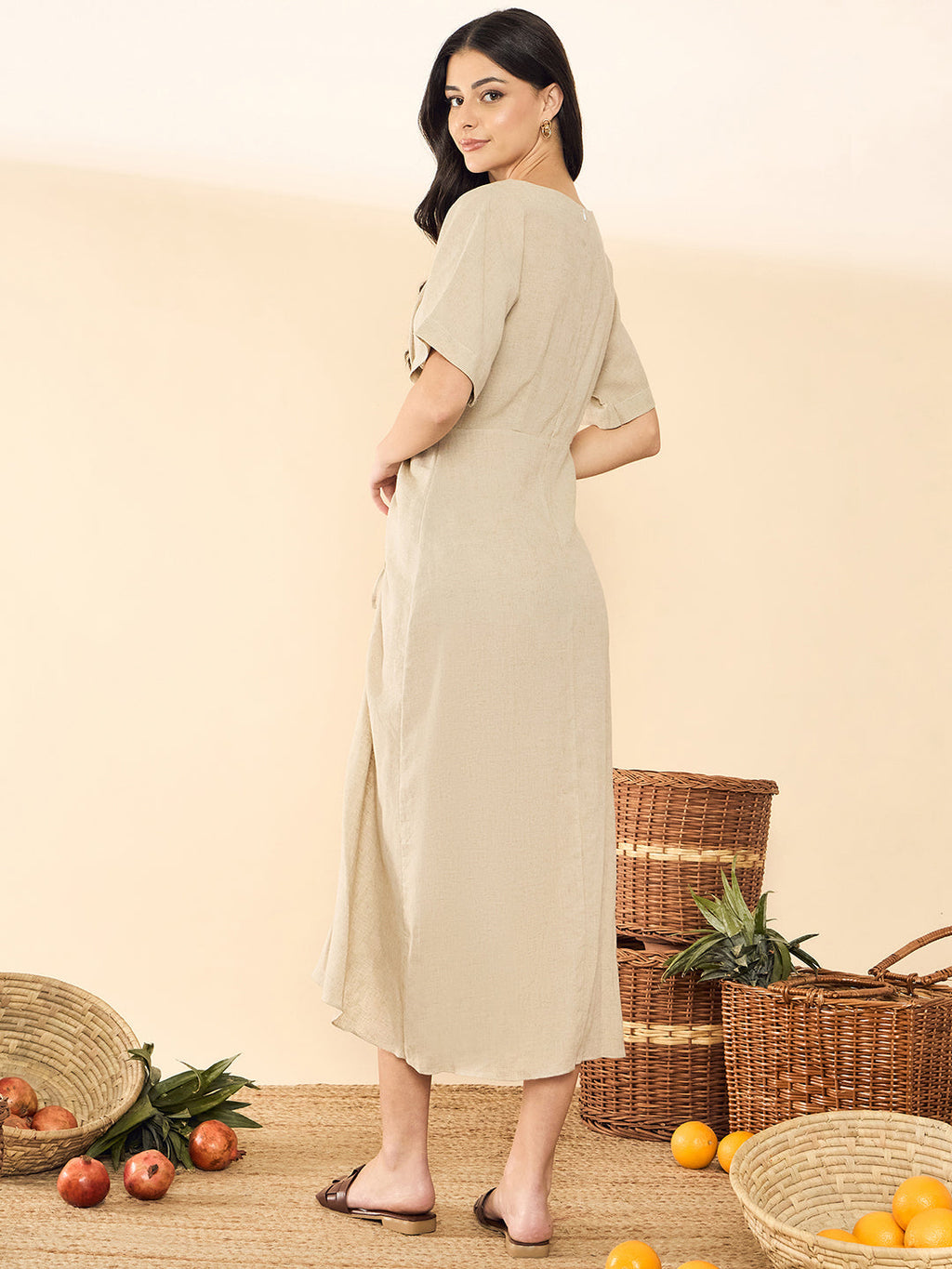 Linen Drawstring Midi Dress (with Lining)