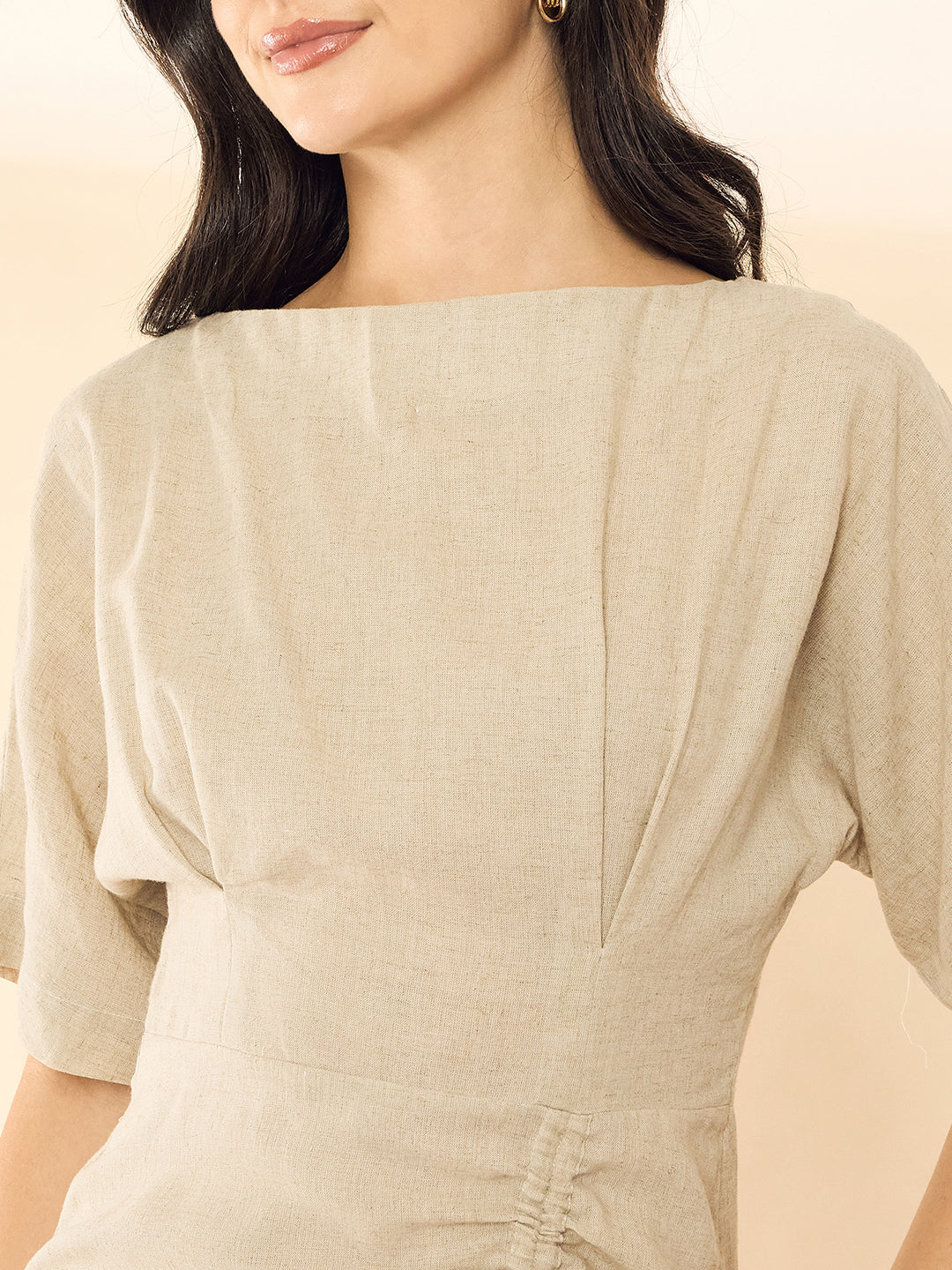 Linen Drawstring Midi Dress (with Lining)
