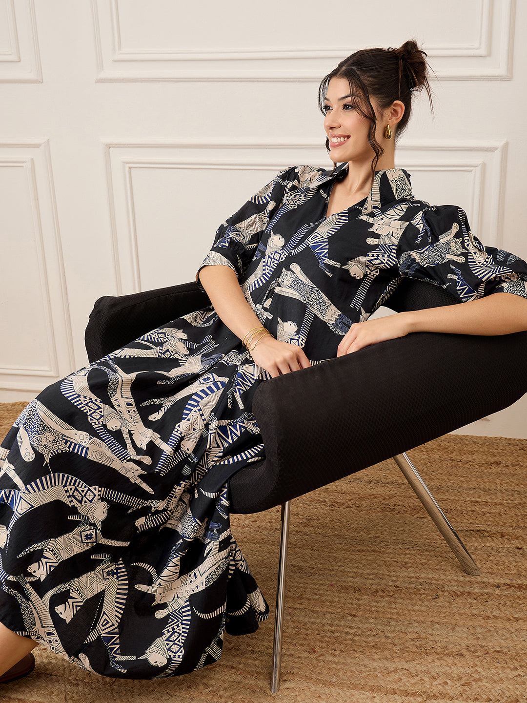 Front Pleated Cotton Midi Dress