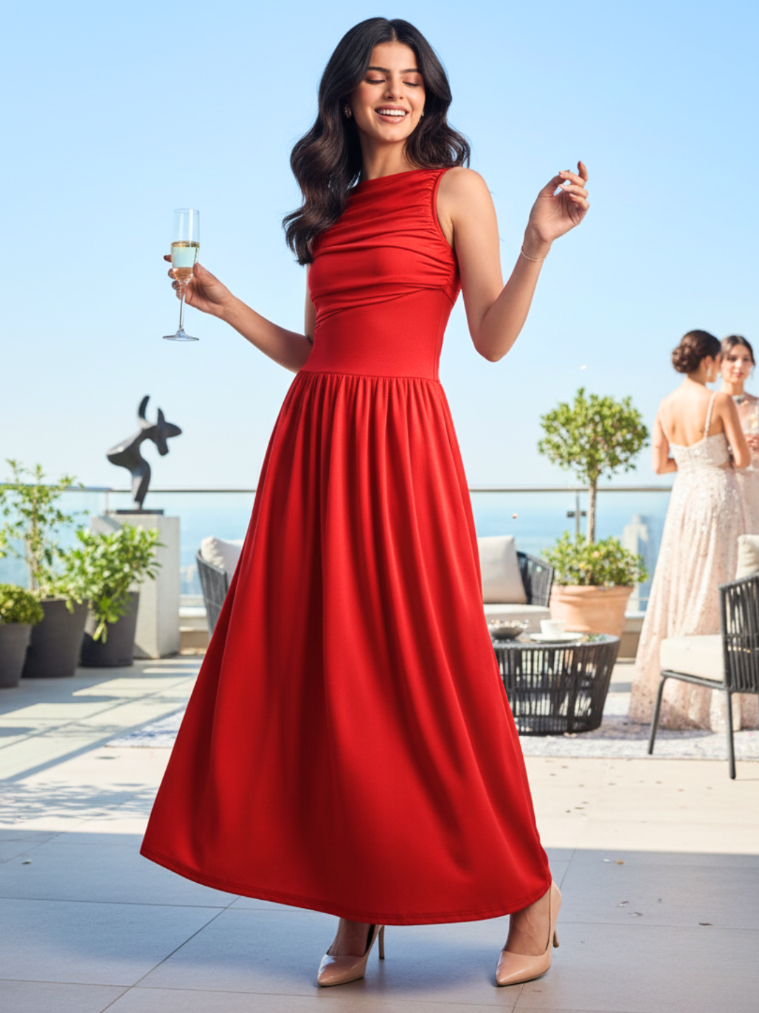 Stretchable Gathered Drop Waist Maxi Dress