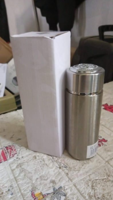 Sturdy stainless steel water bottle with 24-hour insulation.