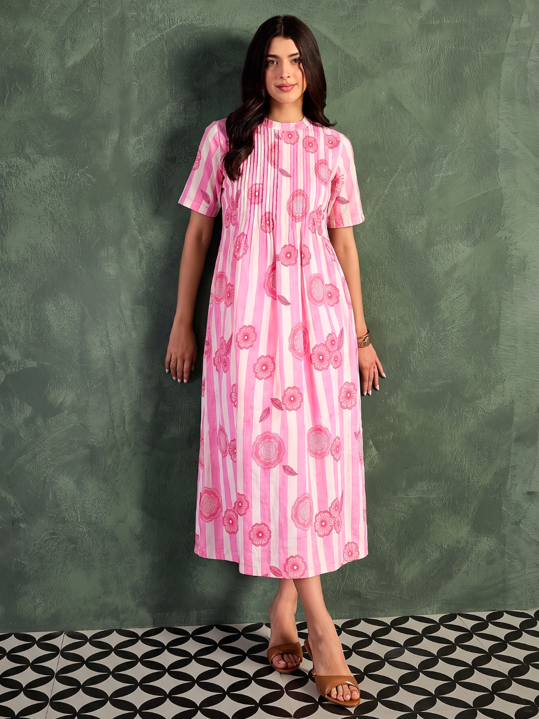 Pure Cotton Front Pleated A-Line Dress (with Lining)