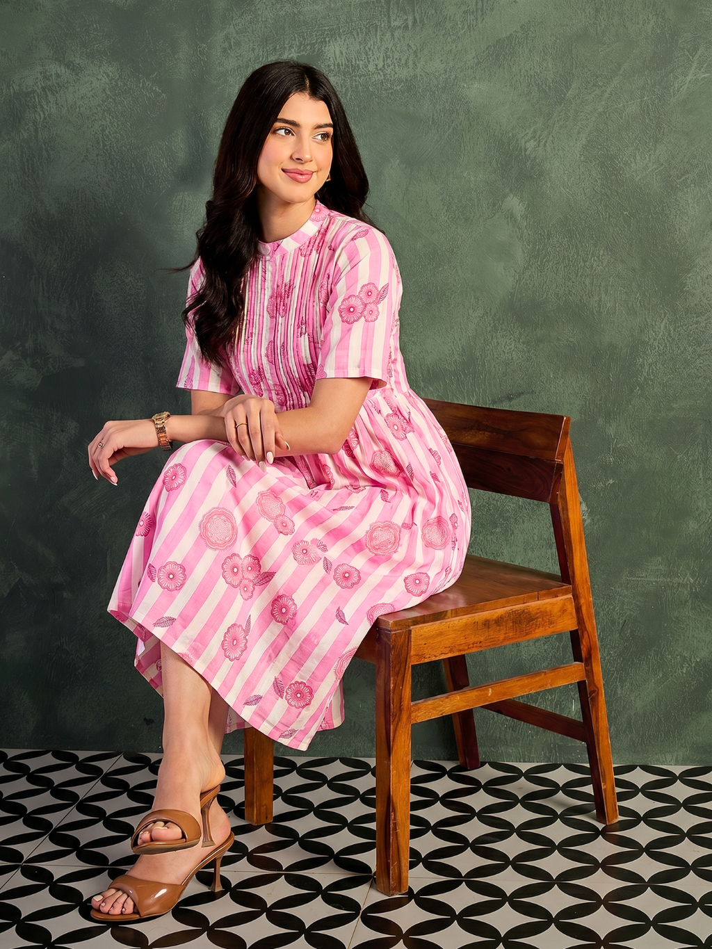 Pure Cotton Front Pleated A-Line Dress (with Lining)
