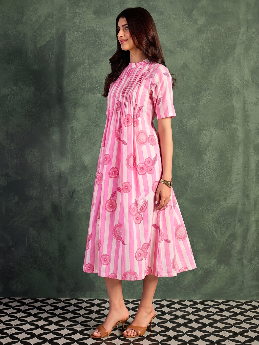 Pure Cotton Front Pleated A-Line Dress (with Lining)