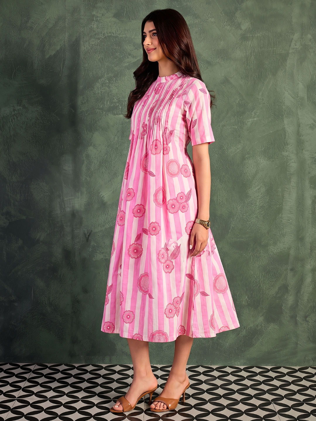 Pure Cotton Front Pleated A-Line Dress (with Lining)