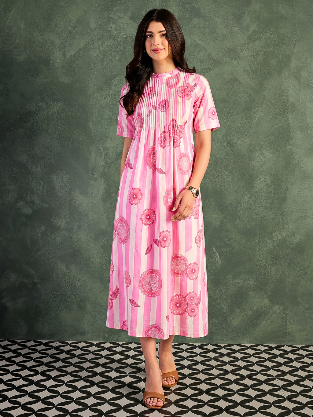 Pure Cotton Front Pleated A-Line Dress (with Lining)