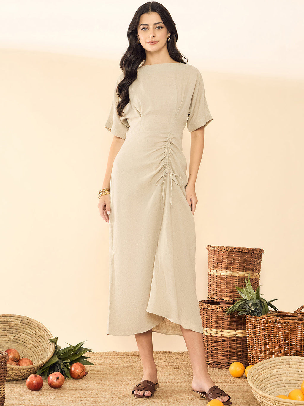 Linen Drawstring Midi Dress (with Lining)
