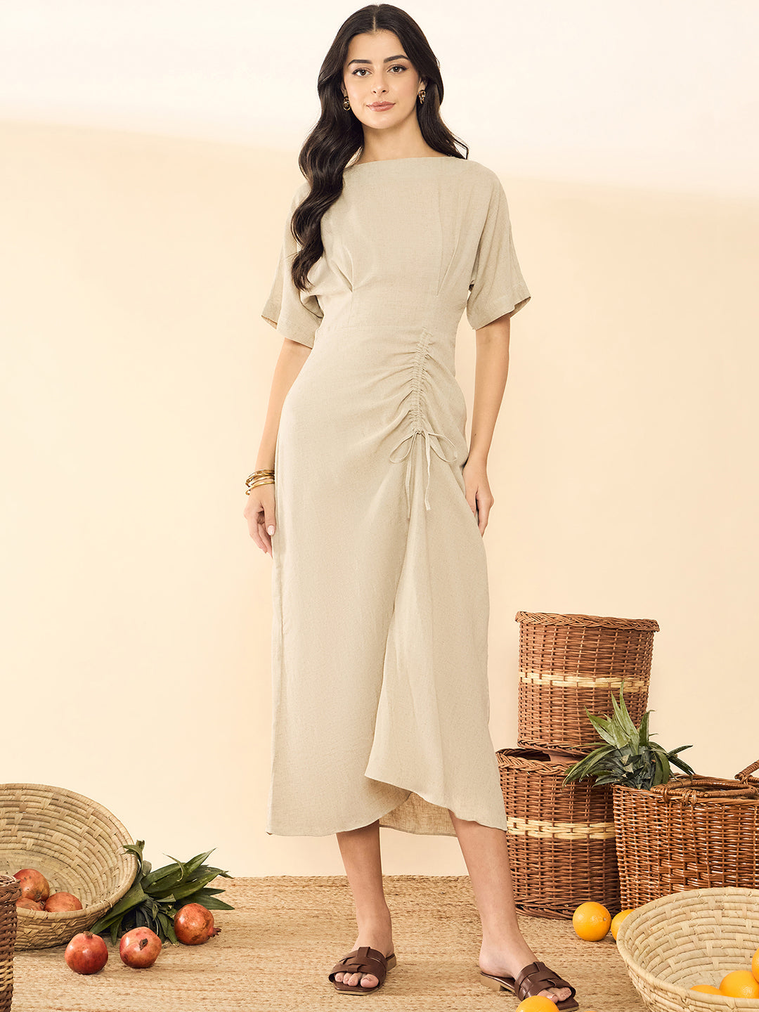 Linen Drawstring Midi Dress (with Lining)