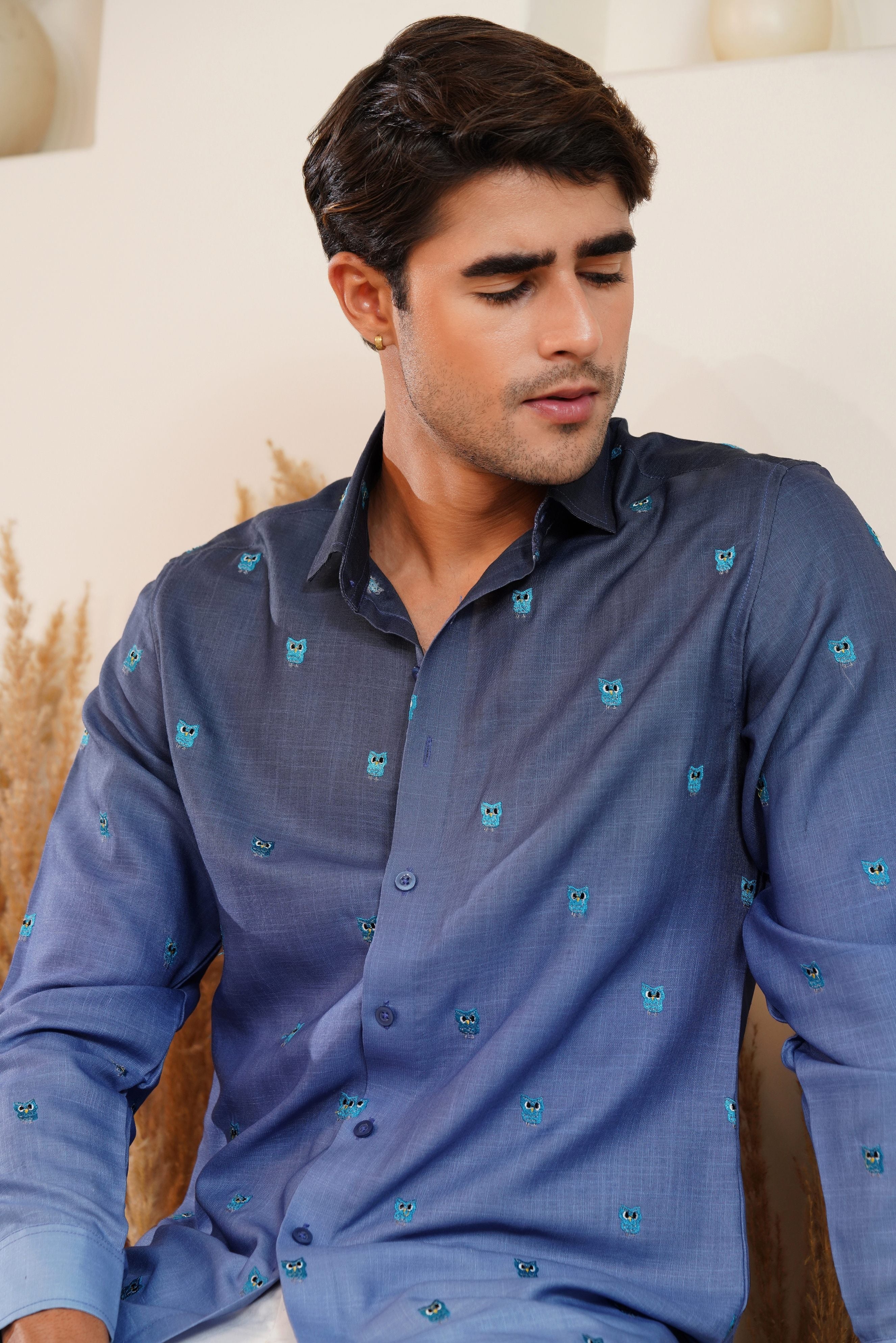 Owl Hour - Embroidery Linen Shirt