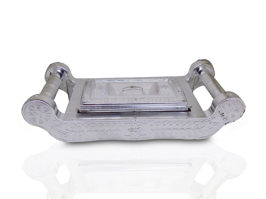 Elegant silver storage box with four sections for gifts and storage.