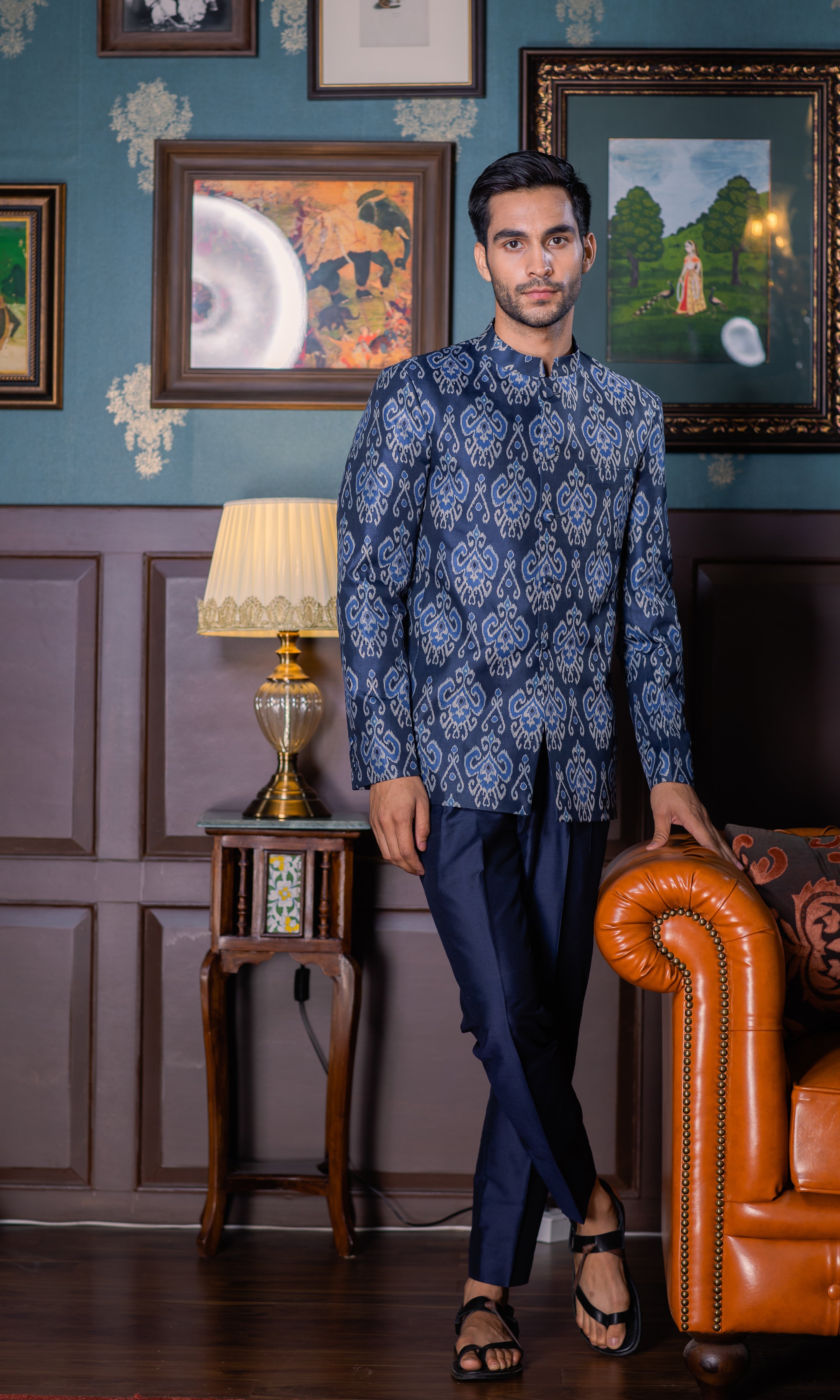 Blue Hues - Printed Silk Bandhgala
