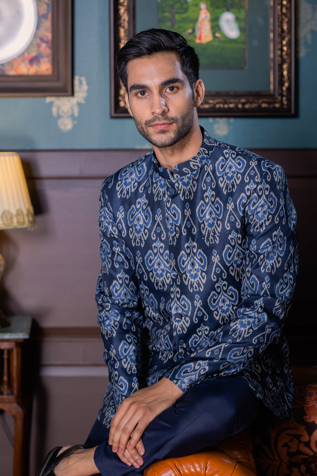Blue Hues - Printed Silk Bandhgala