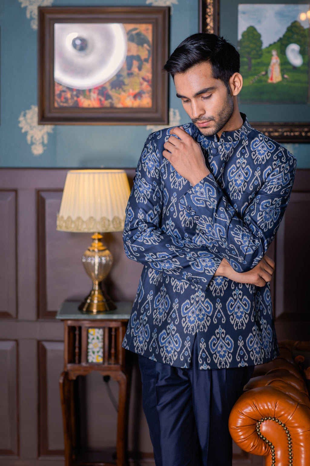 Blue Hues - Printed Silk Bandhgala