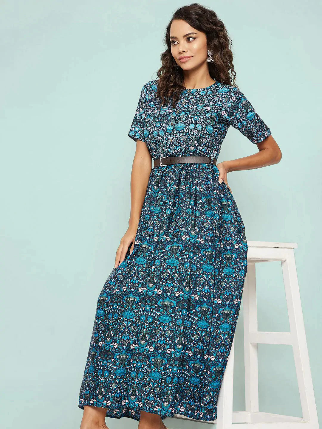 Printed Maxi Dress with Belt