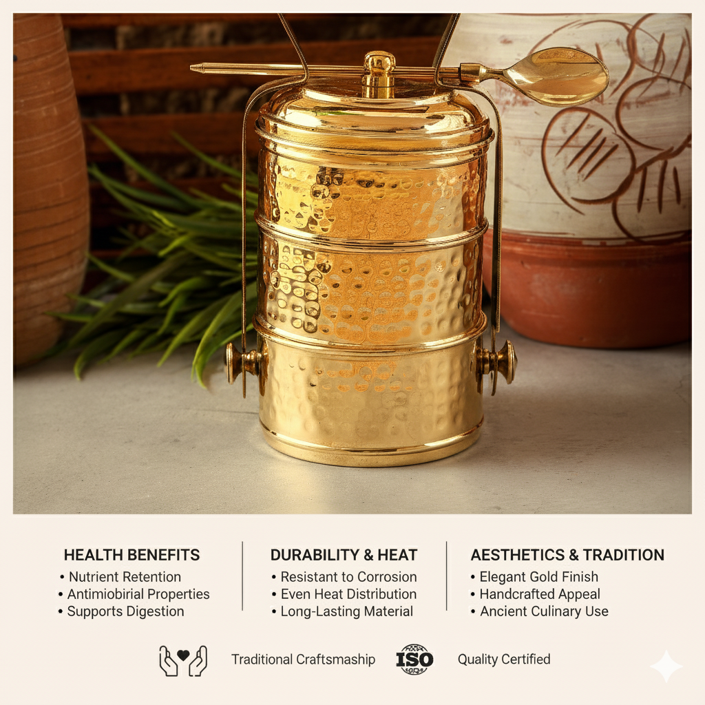Brass Tiffin Box with 3 Compartments & Spoon | Toxin-Free | Sustainable & Handcrafted
