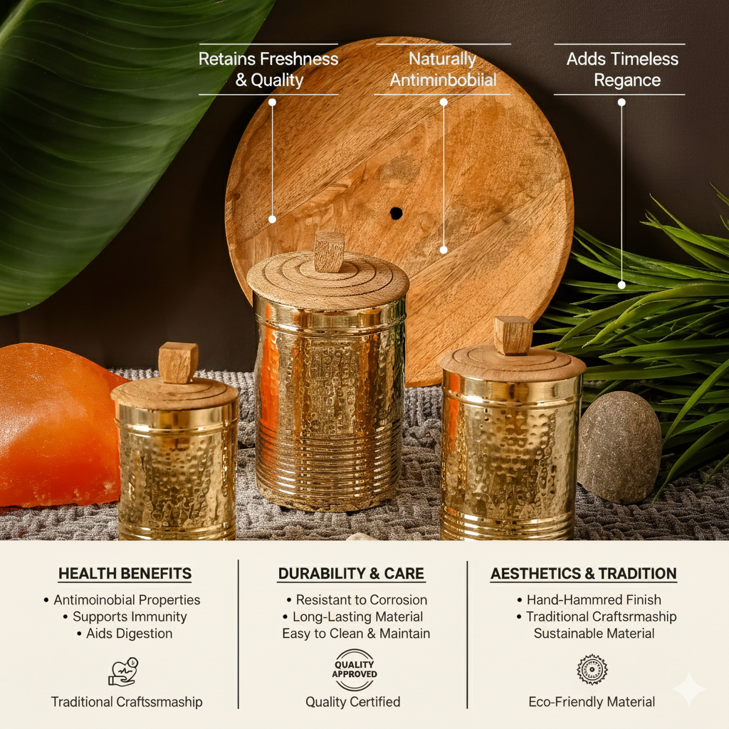 Brass Containers with Wooden Lid | Toxin-Free Food Storage | Handcrafted & Sustainable