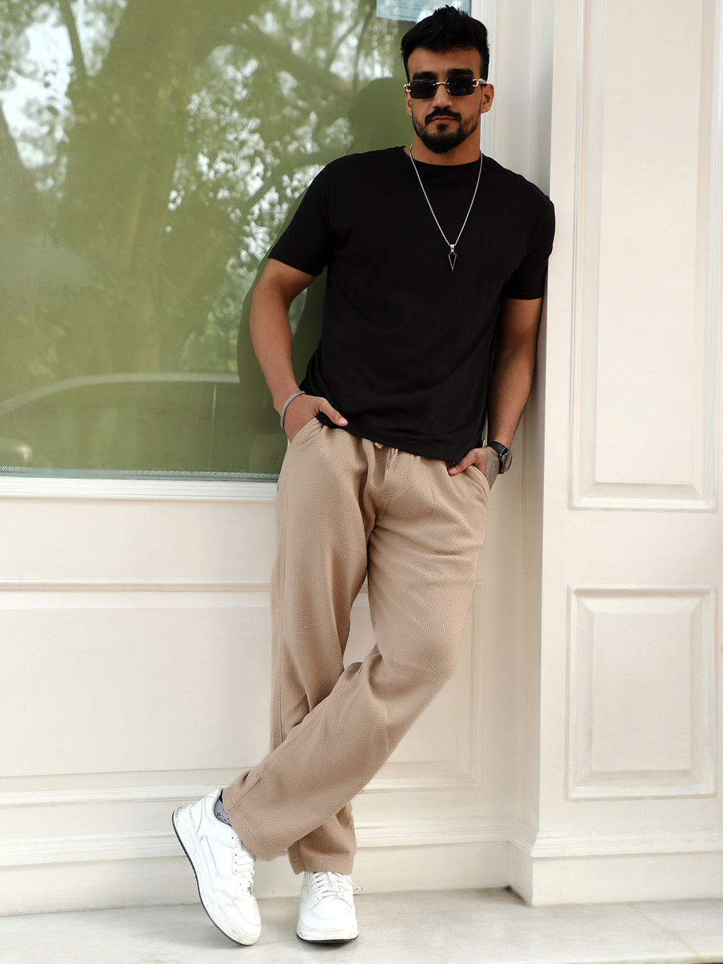 Aurelian Beige Baggy Fit Texture Trouser