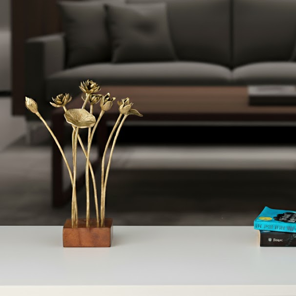 LOTUS ON WOOD TABLE DECOR - 100% MADE FROM BRASS