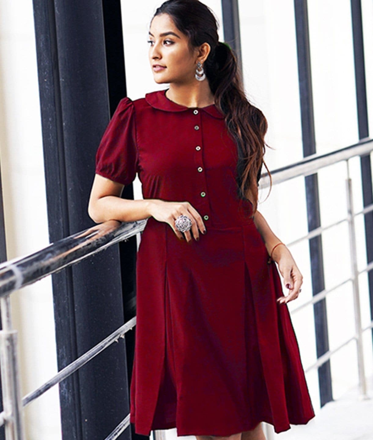 Solid Peterpan Collar Skater Dress