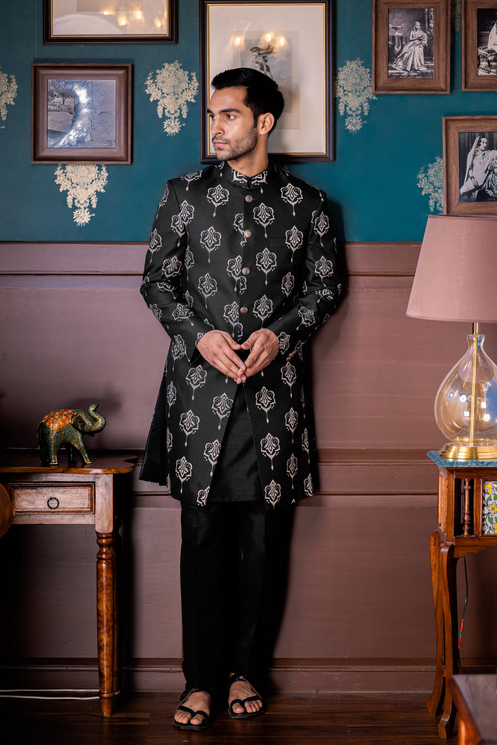 The Luxe Sleek - Printed Silk Achkan Set