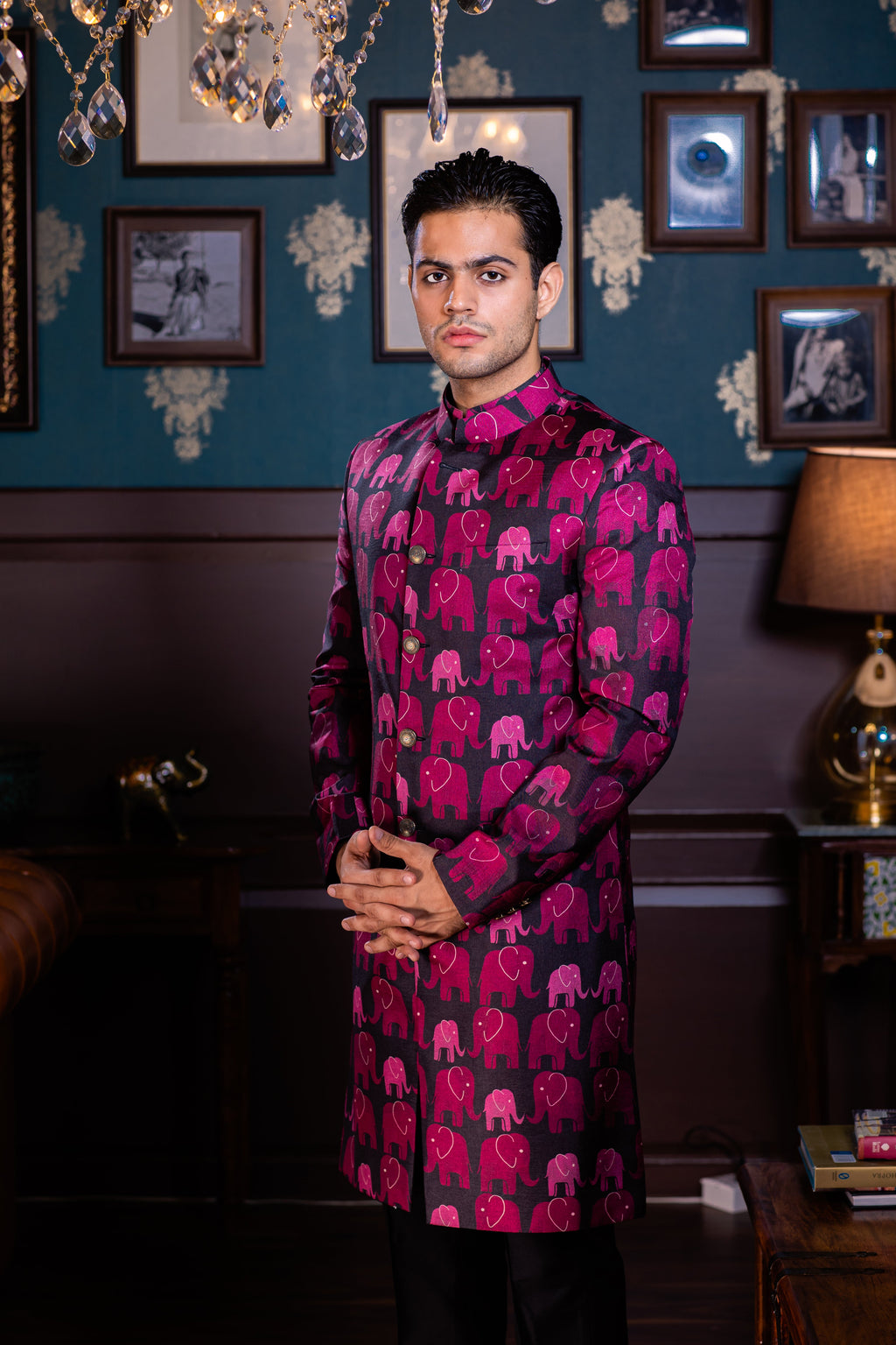 Elephant Crossing - Printed Silk Achkan Set