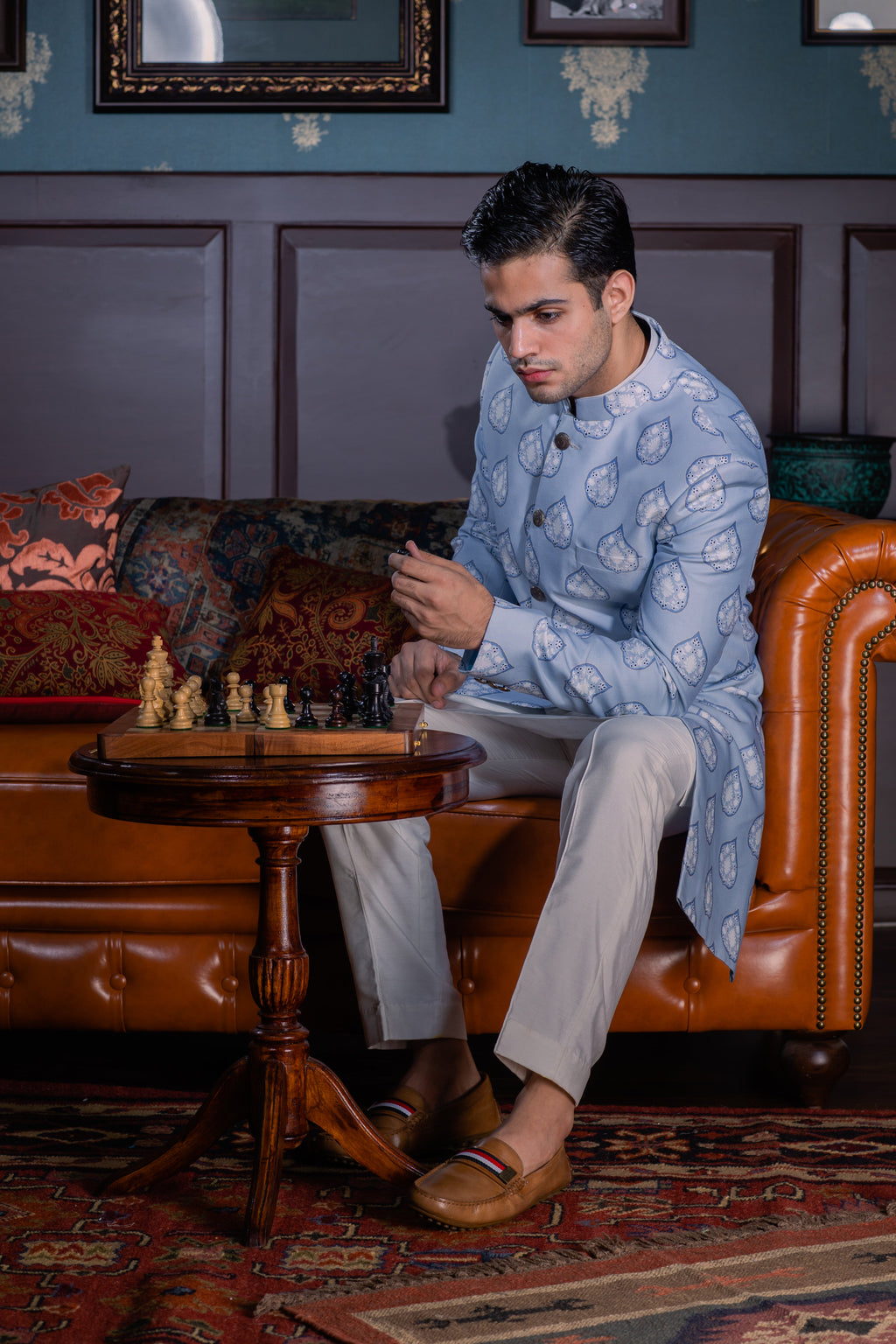 The Serene Blue - Printed Silk Achkan Set