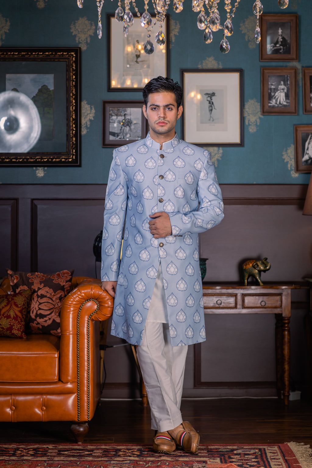 The Serene Blue - Printed Silk Achkan Set