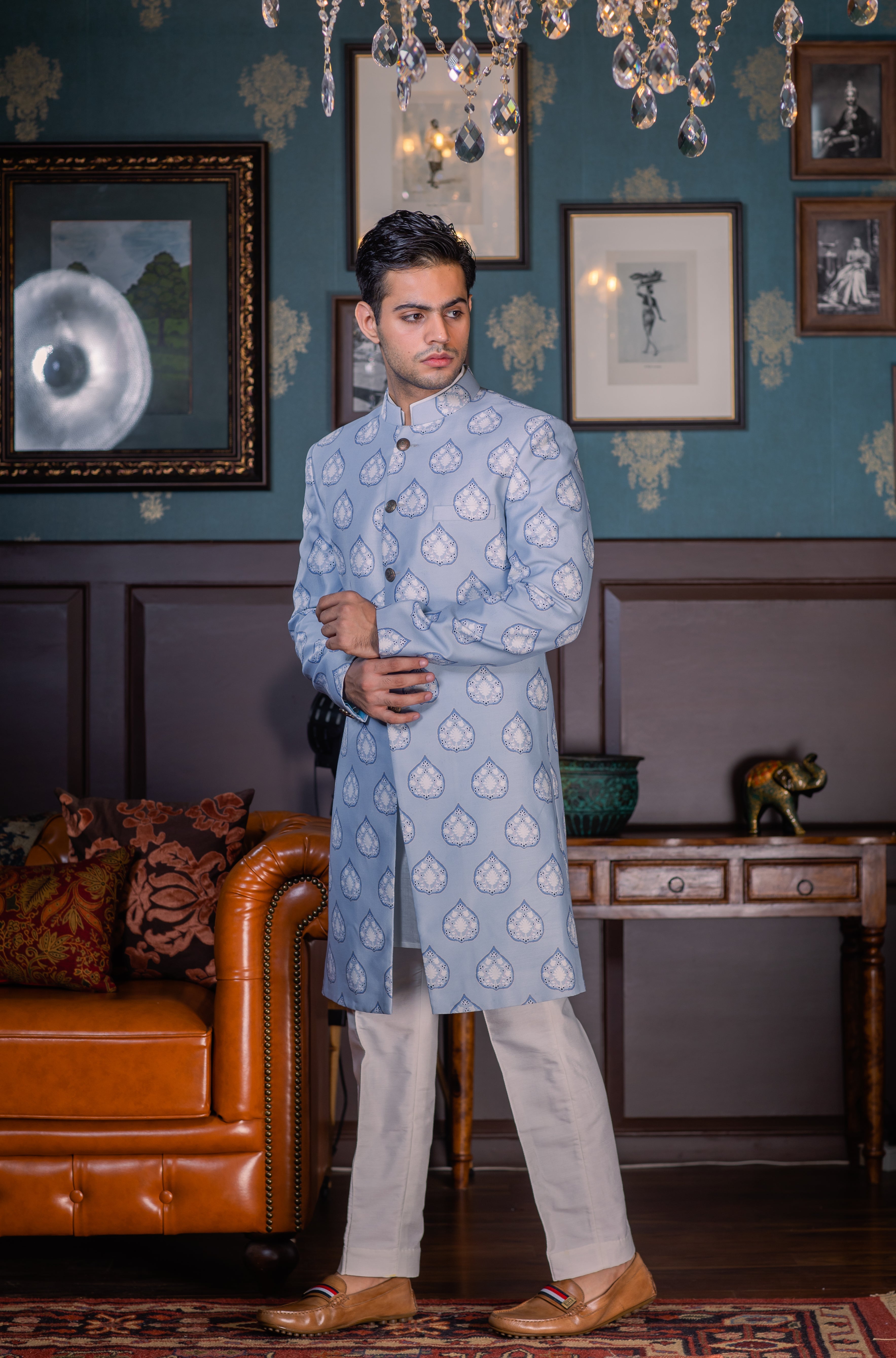 The Serene Blue - Printed Silk Achkan Set