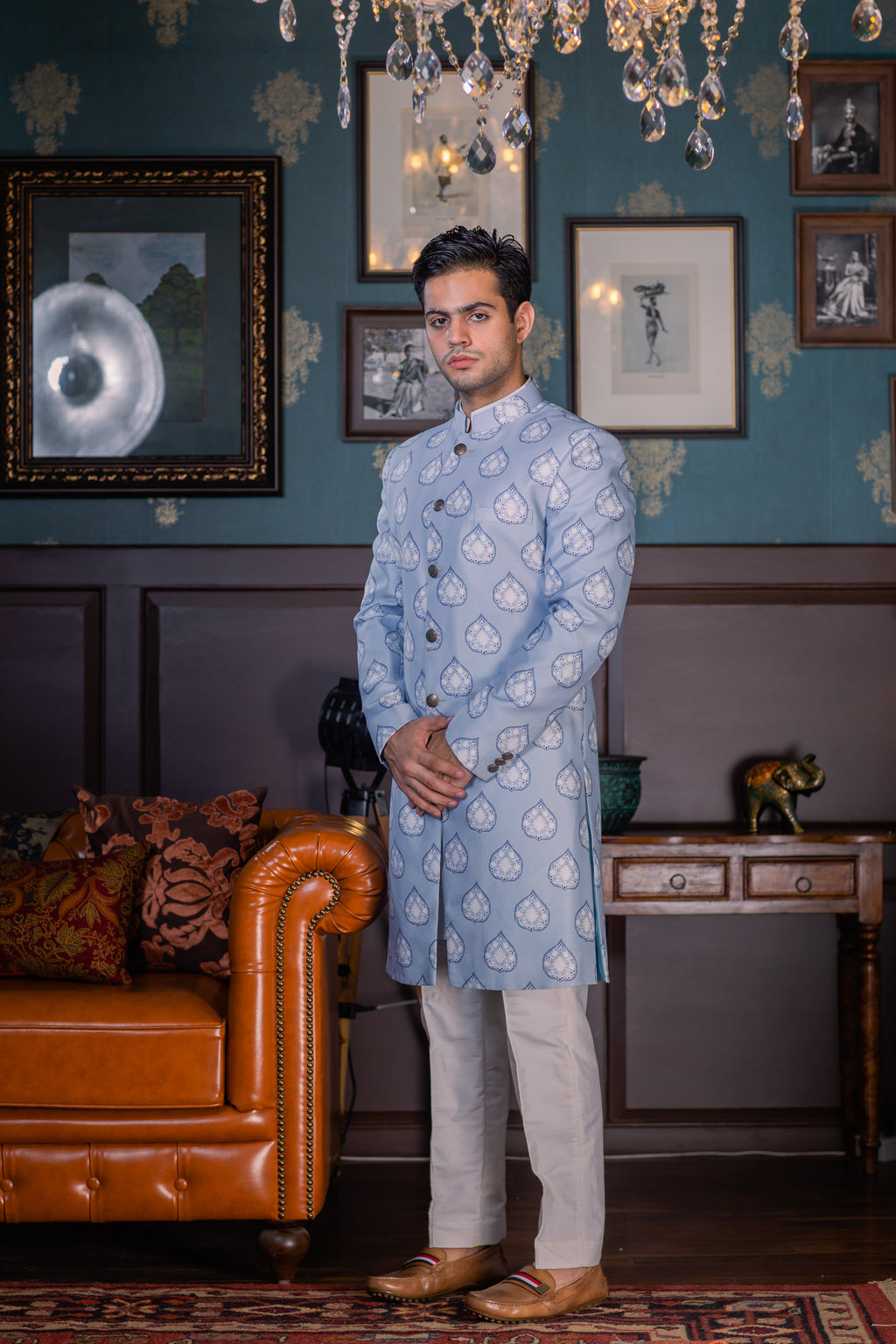 The Serene Blue - Printed Silk Achkan Set