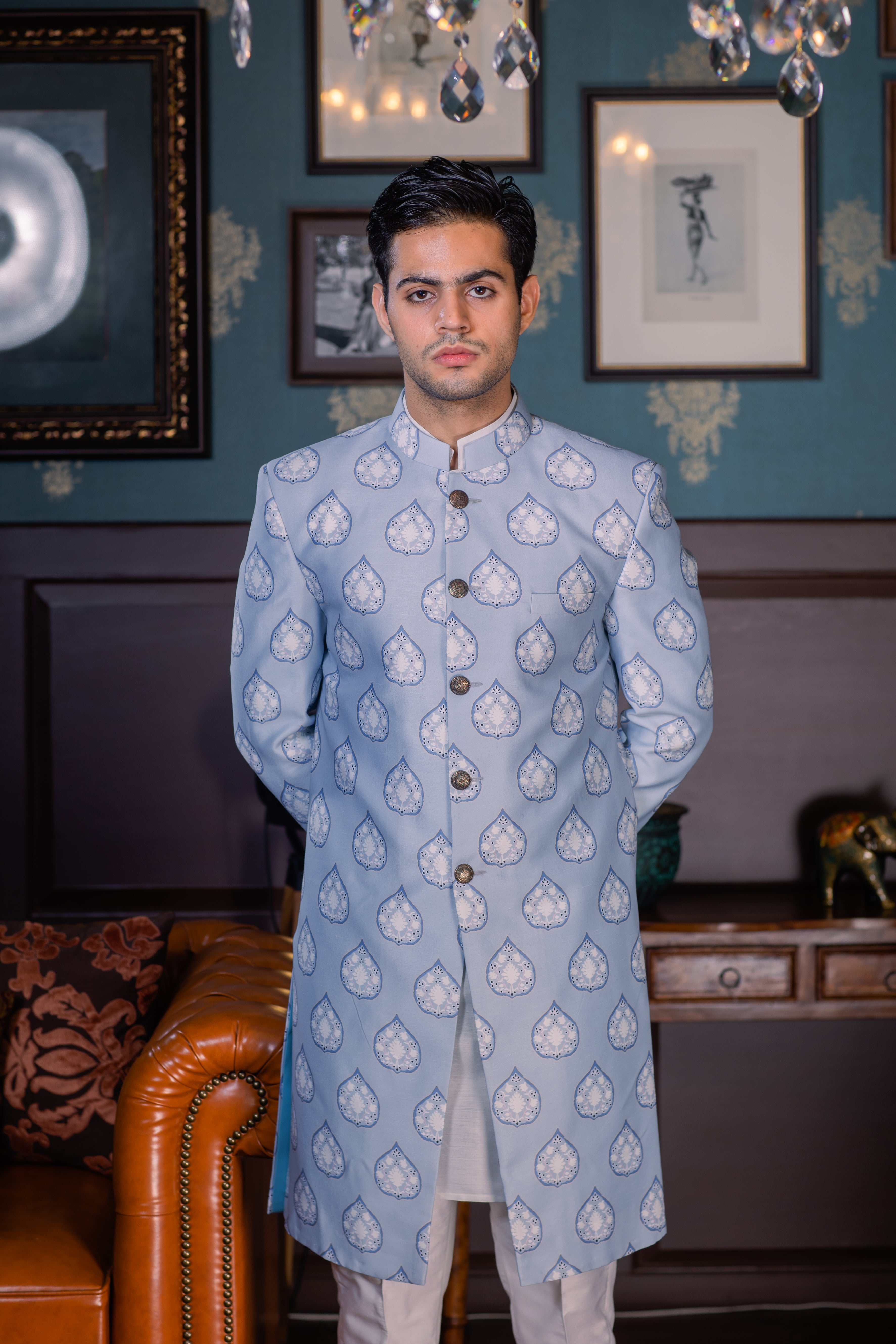 The Serene Blue - Printed Silk Achkan Set
