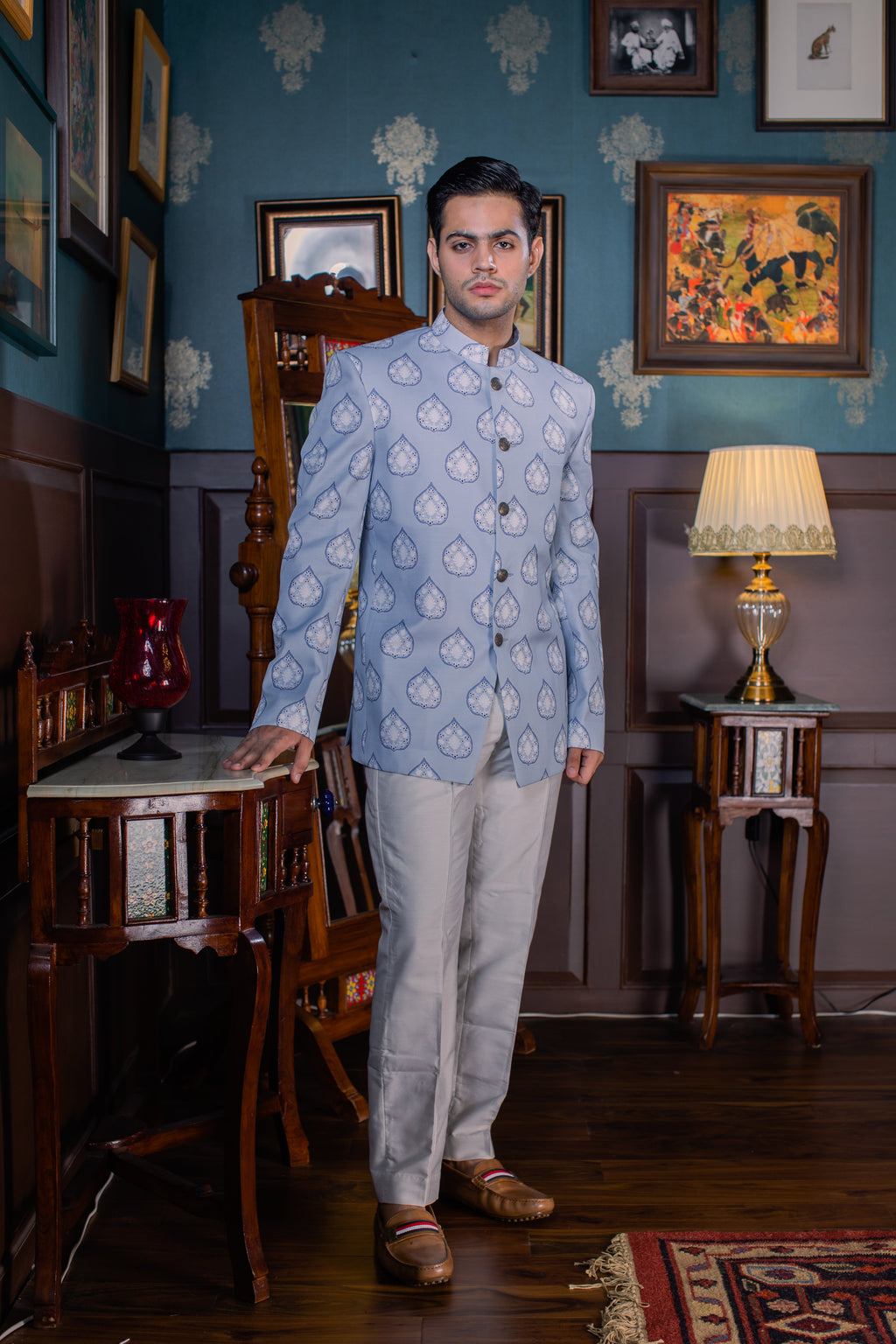 Serene Blue - Printed  Silk Bandhgala