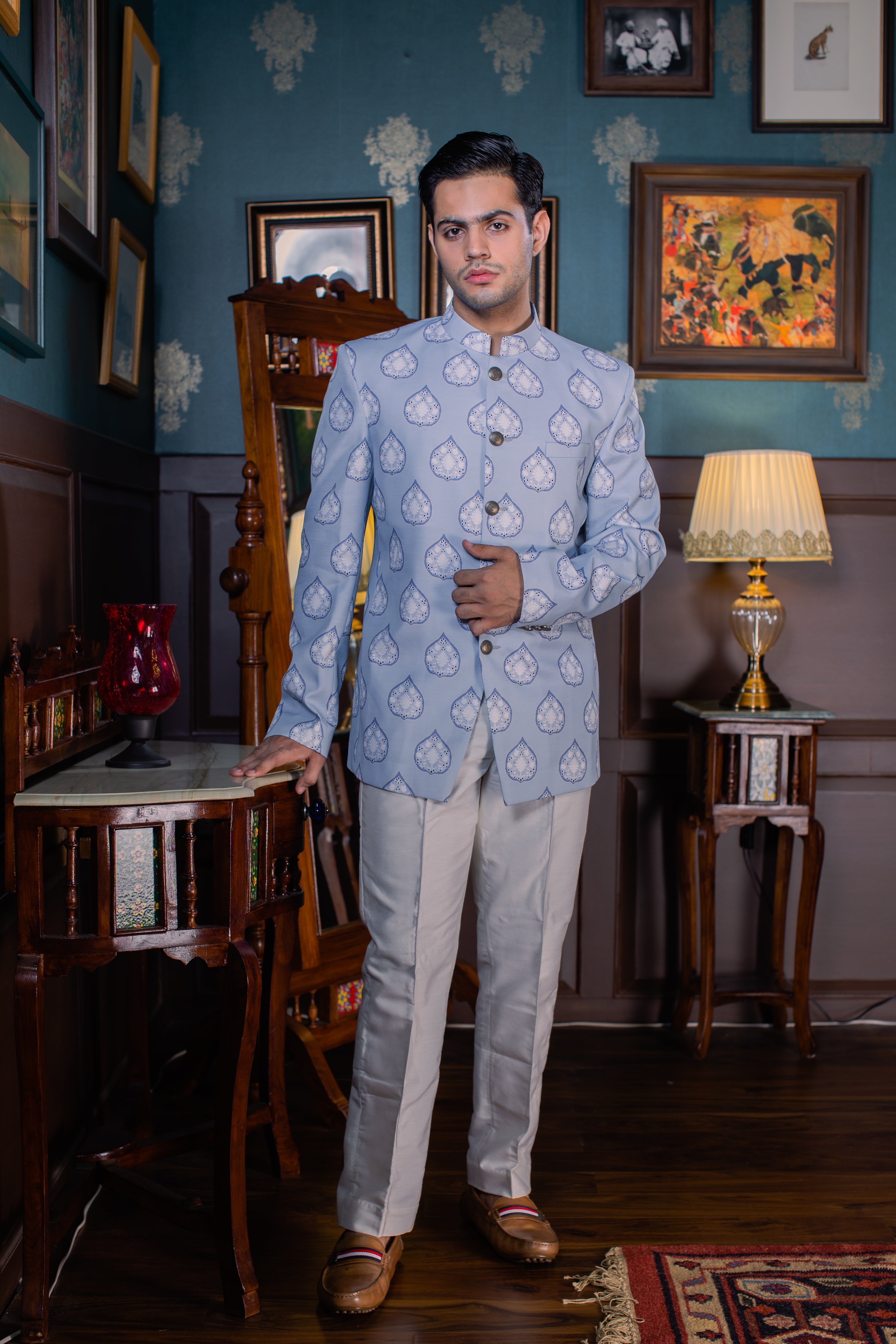 Serene Blue - Printed  Silk Bandhgala