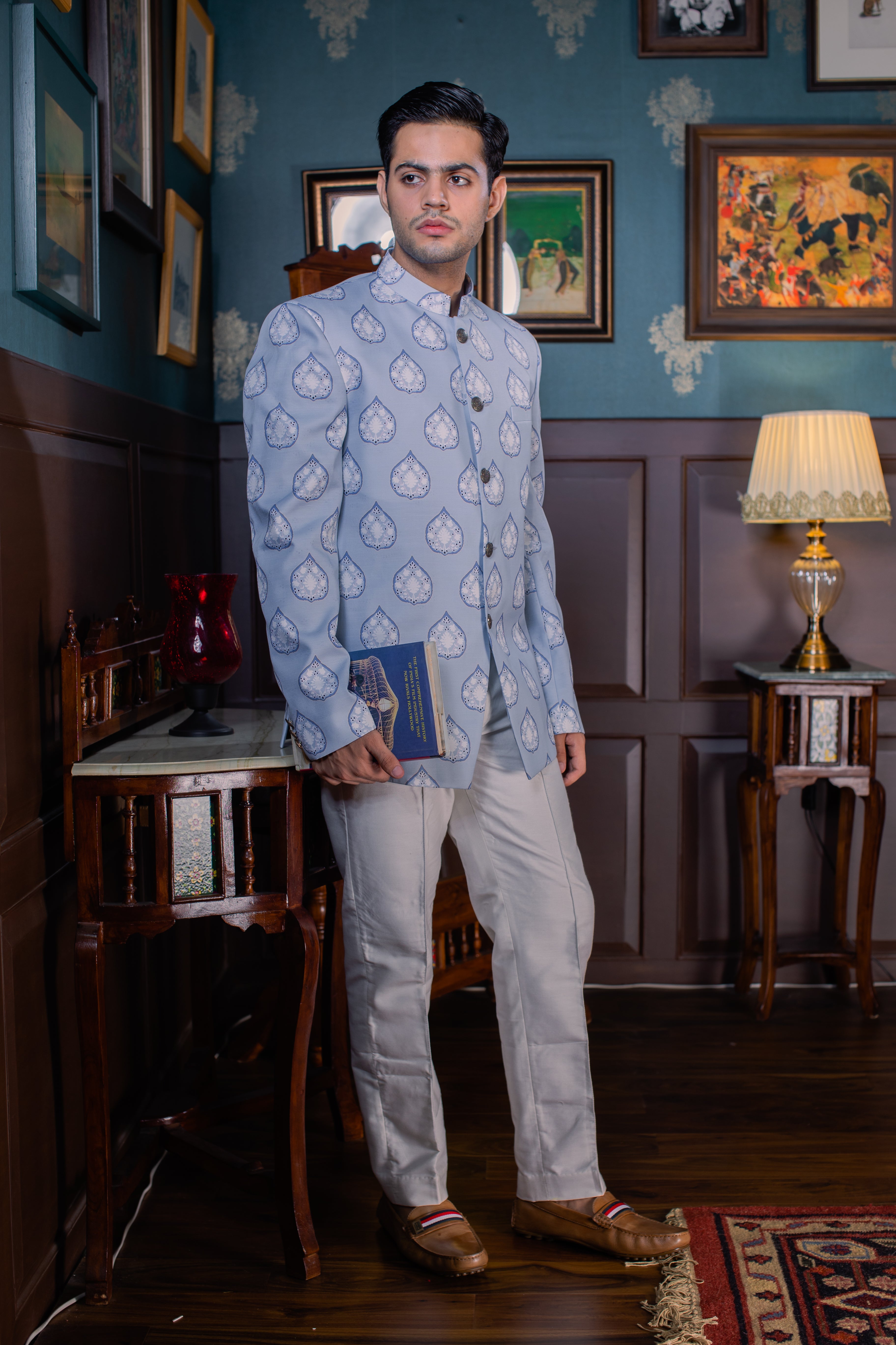Serene Blue - Printed  Silk Bandhgala