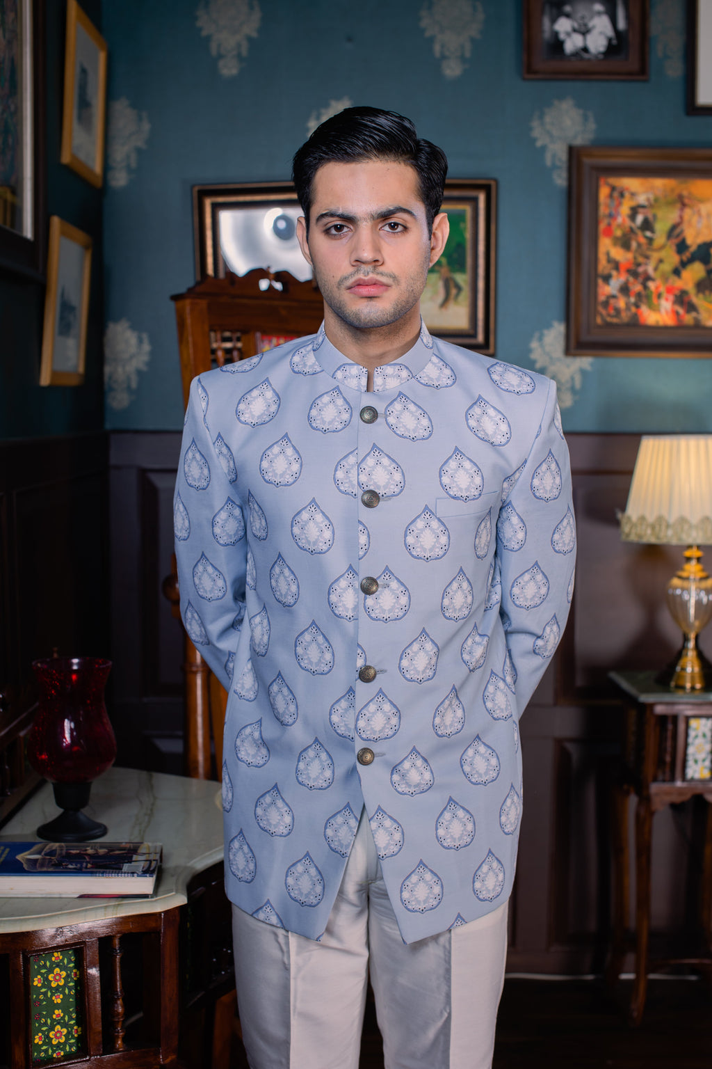 Serene Blue - Printed  Silk Bandhgala